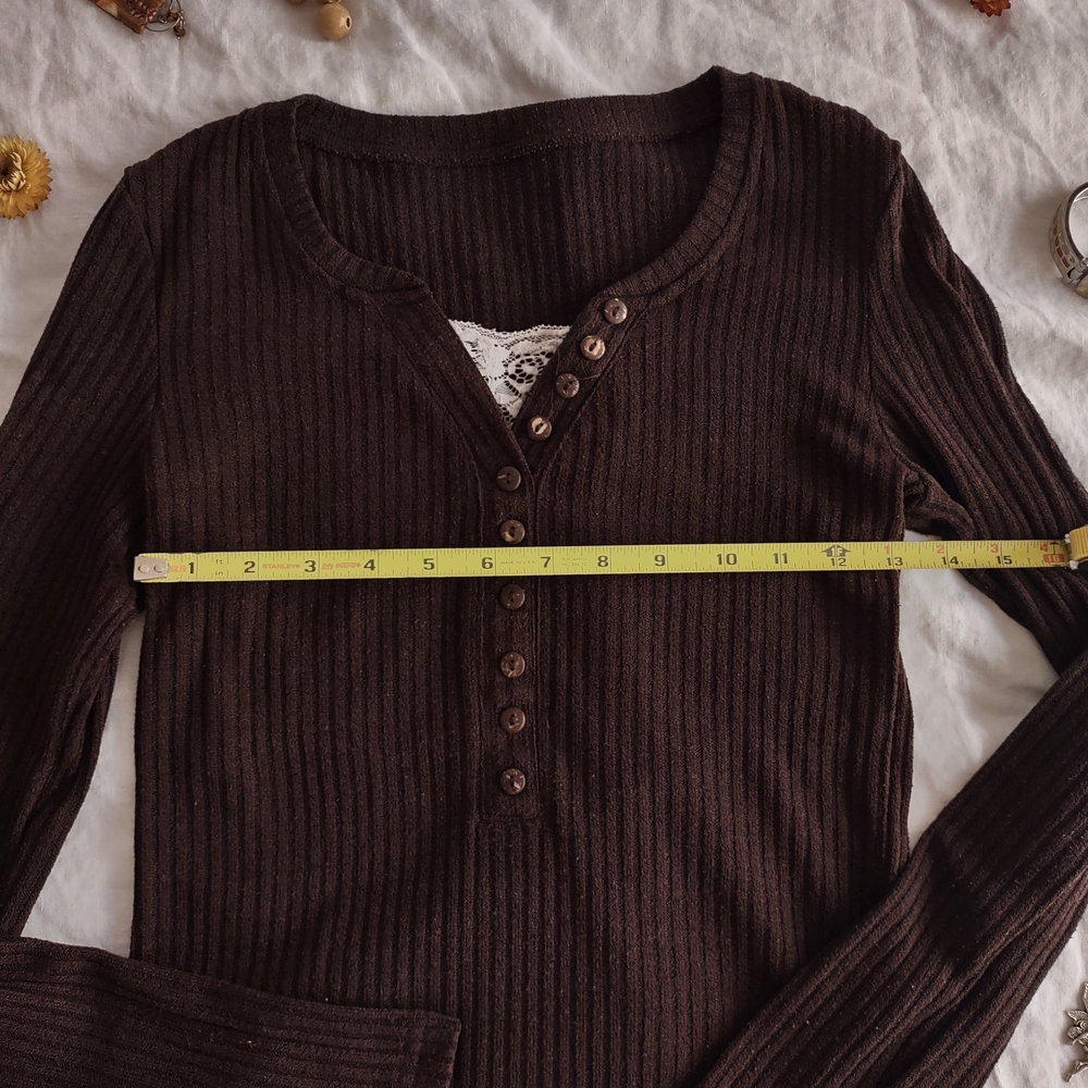 Women’s Brown Ribbed Henley Long Sleeve Top - Picture 3 of 5
